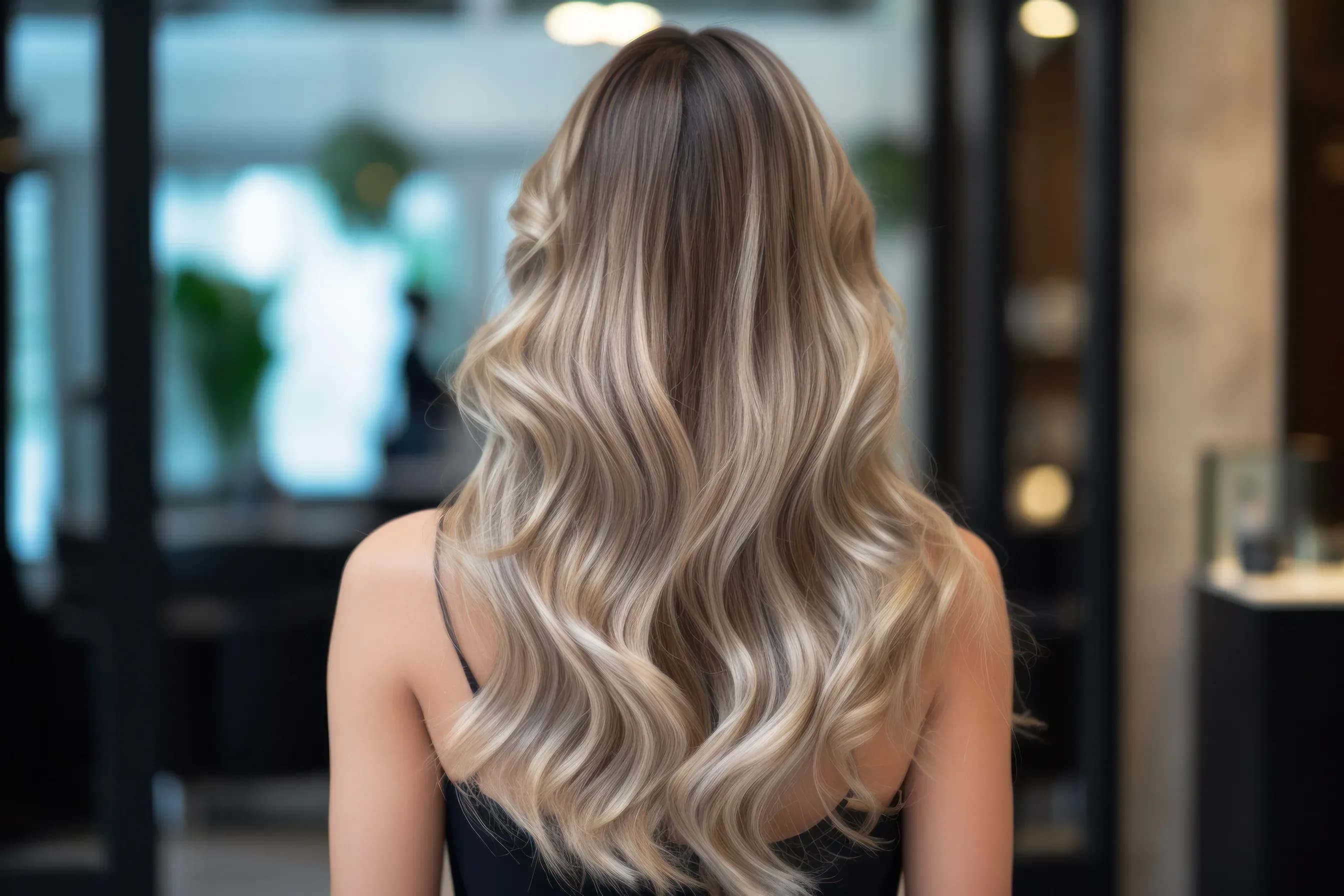 Rückansicht einer Frau mit Balayage-Haarfärbung